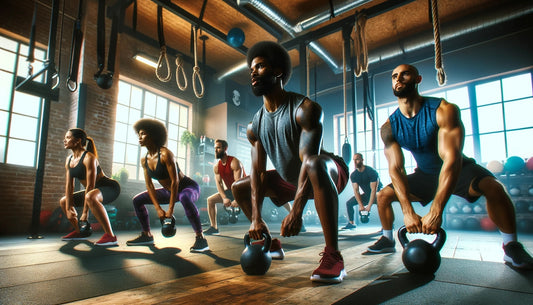 Dynamic gym scene with individuals participating in kettlebell workouts, highlighting strength and community.