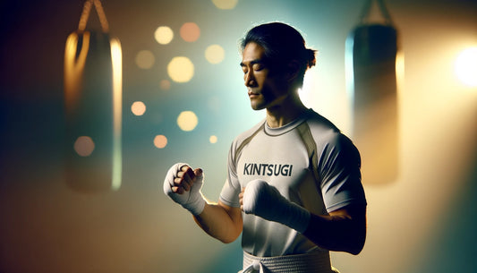 Focused kickboxer in tranquil stance - Kintsugi Fitness, promoting mental clarity and physical strength in kickboxing workouts.