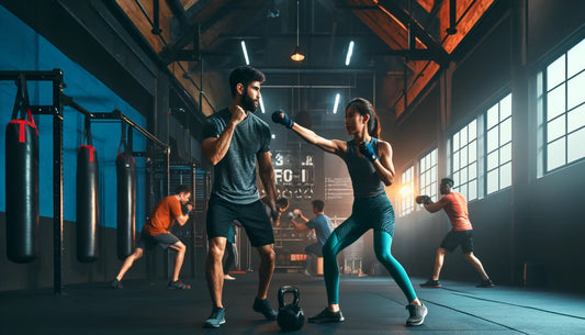 Two diverse individuals engaged in a partner workout at a kickboxing gym, demonstrating exercises like punches and kettlebell swings, emphasizing motivation and camaraderie.