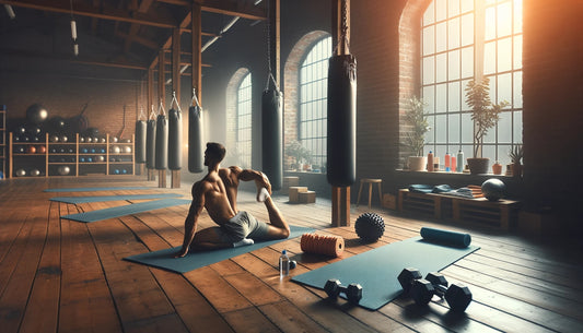 Tranquil gym setting focusing on rest and recovery, featuring yoga mats, foam rollers, and individuals engaging in stretching, embodying a calm and rejuvenating atmosphere.