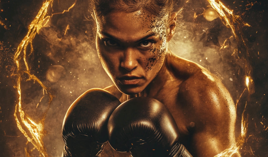 female kickboxer overcoming challenges with discipline and strength while gold bands representing Kintsugi surround her