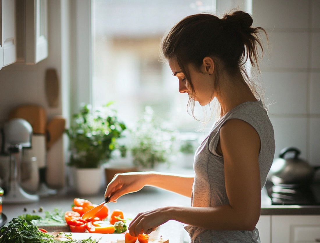 A person taking a small, simple action cutting up vegetables in the kitchen, looking calm and focused.