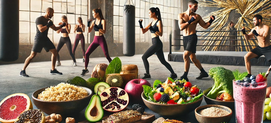 Diverse group of athletes practicing cardio kickboxing in a Kintsugi-themed gym, with a foreground display of healthy foods like grilled chicken, quinoa, and a berry smoothie. The gym's decor features golden repairs, symbolizing resilience.